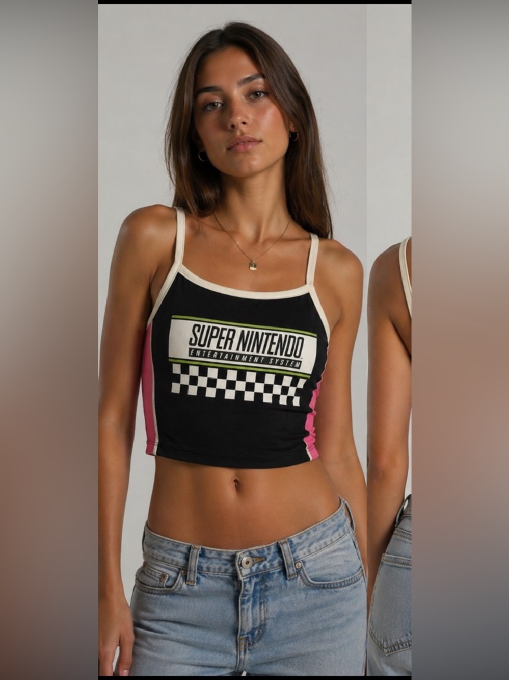 Forever 21 NES Super Nintendo Black and Pink Graphic Crop Tank Top